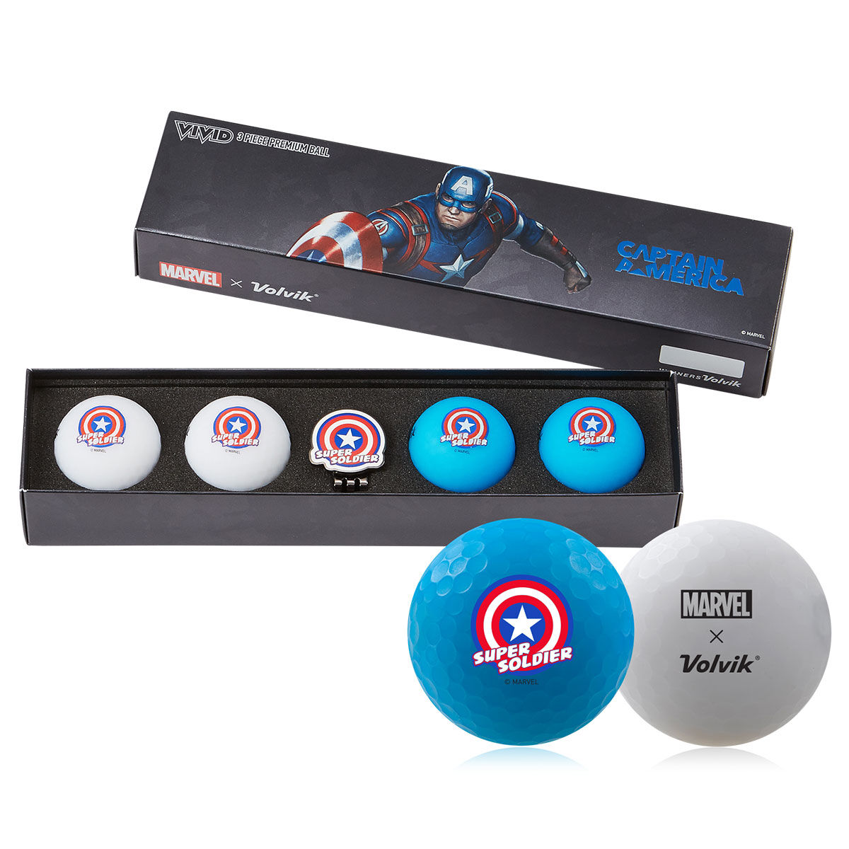 Volvik White and Blue Marvel Captain America 4 Golf Ball Pack & Marker | American Golf, one size