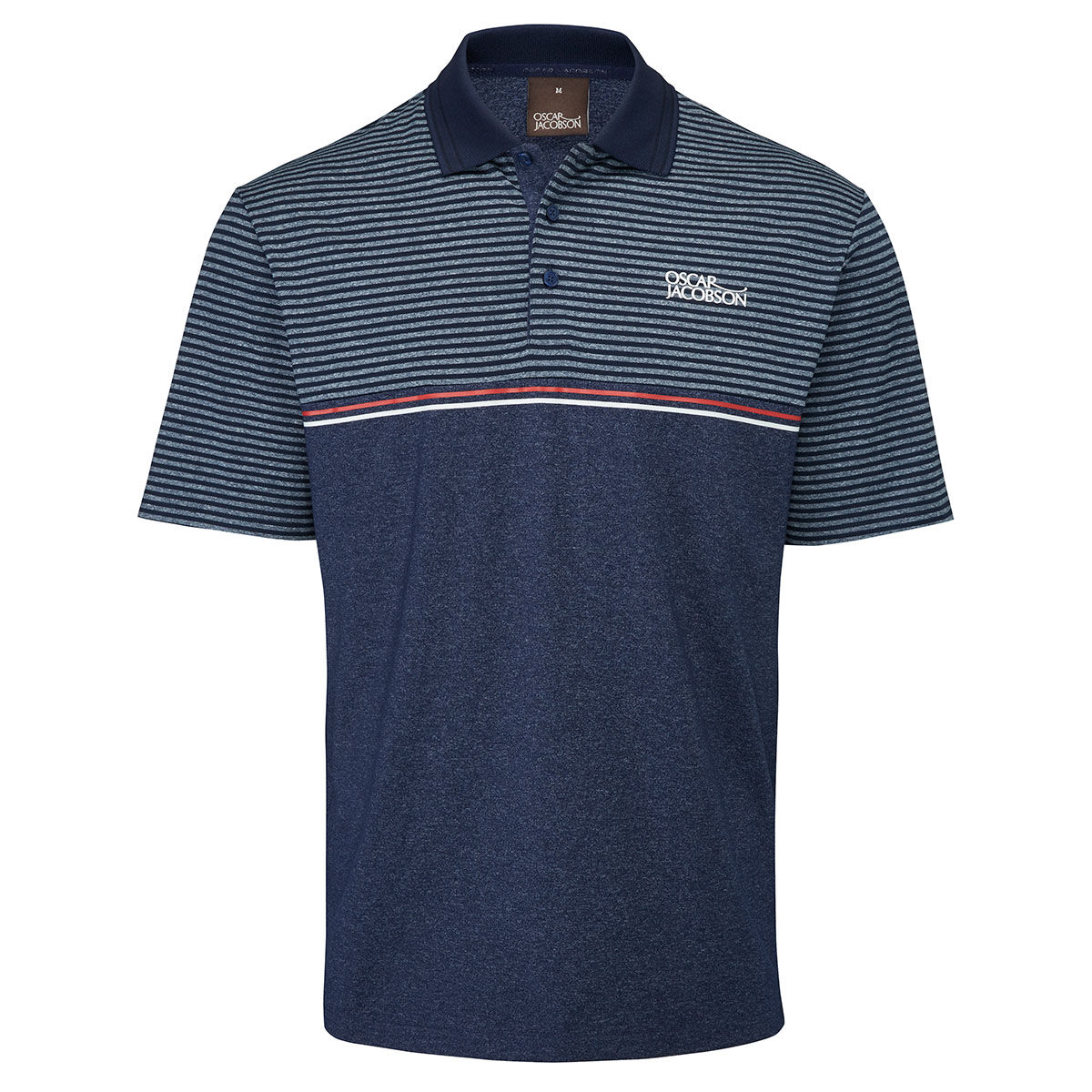 Oscar Jacobson Mens Navy Blue, White and Red Lightweight Stripe Whitby Golf Polo Shirt, Size: Small | American Golf