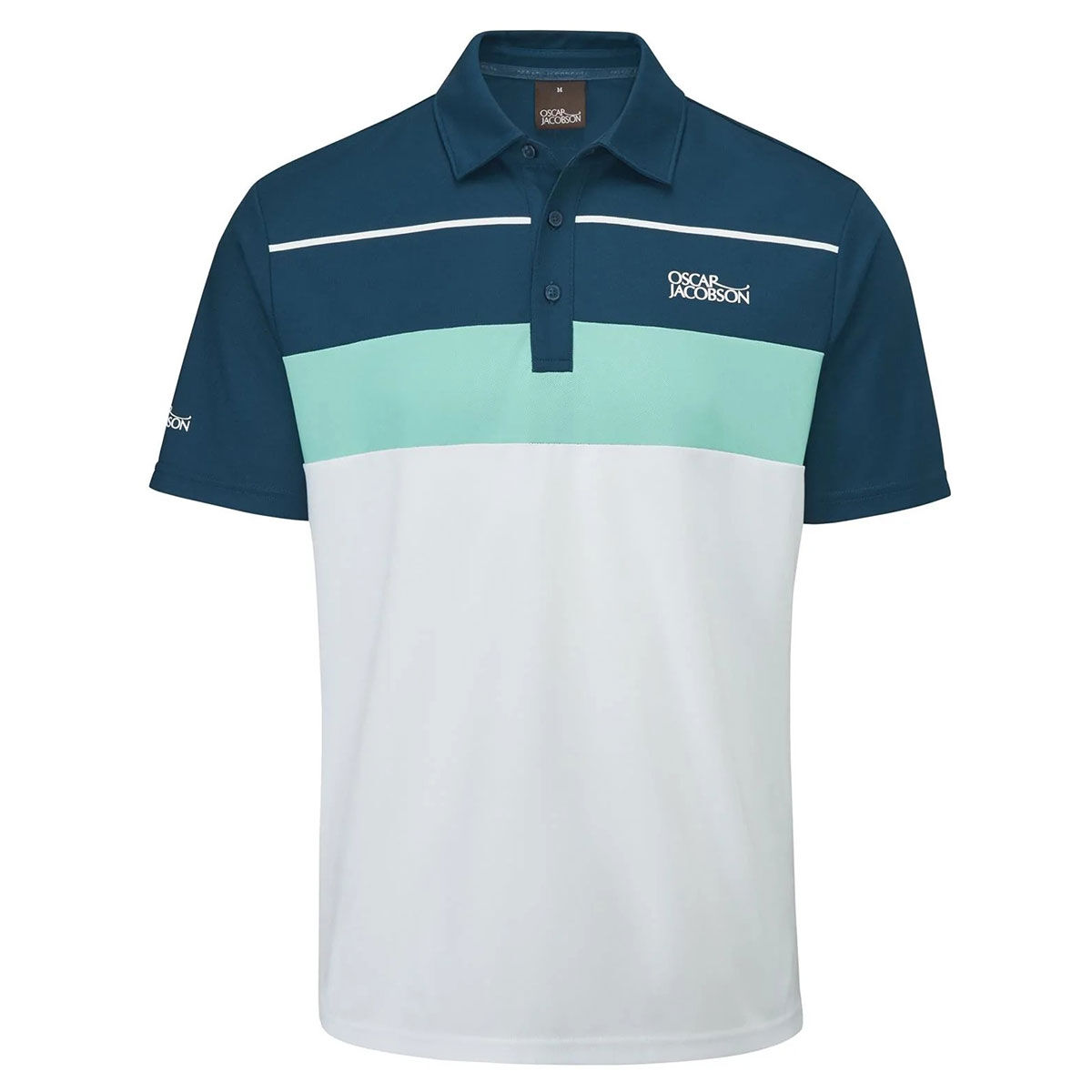 Oscar Jacobson White and Blue Lightweight Colour Block Dodman Stretch Golf Polo Shirt, Size: Small | American Golf