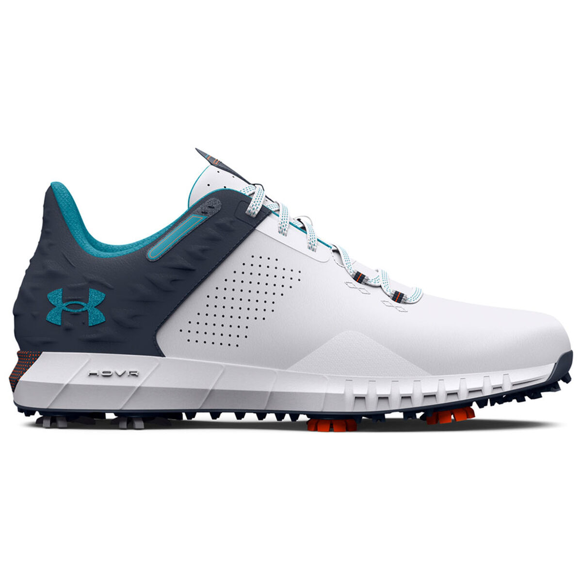 Under Armour Men’s White, Grey and Blue HOVR Drive 2 Waterproof Spiked Wide Fit Golf Shoes, Size: 7 | American Golf